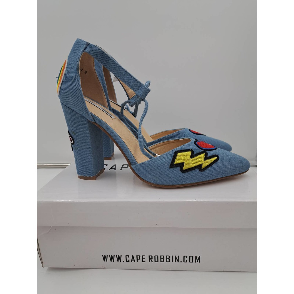 READ Cape Robbin Boho Western Denim Patches block high heel pointy toe Shoes 10